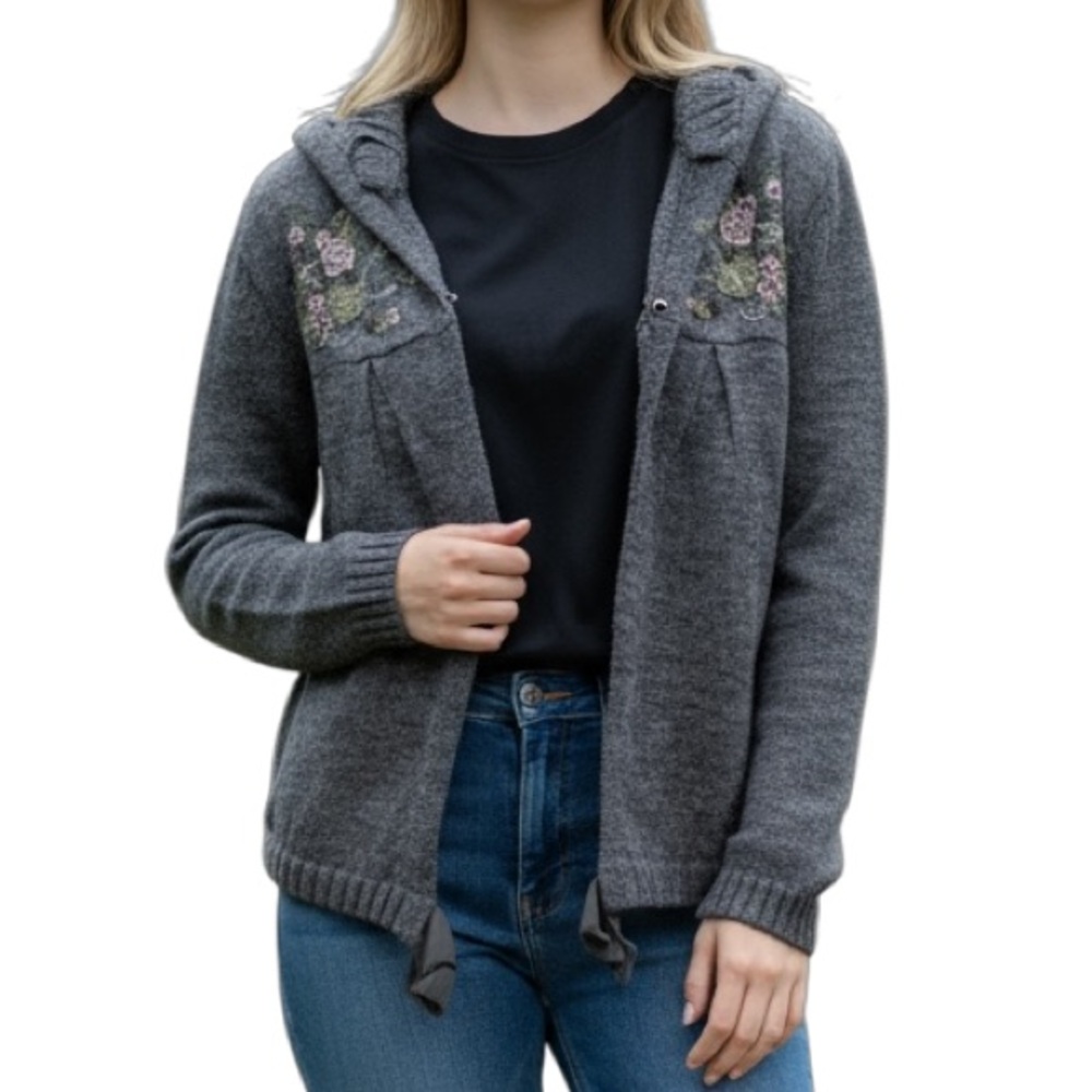 Freelance Vtg Wool Blend Gray Embroidered Hooded Cardigan Size Small